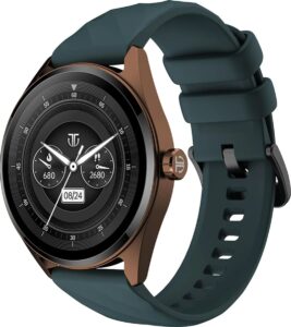 Titan Crest smartwatch with leather strap and AMOLED display, designed for both casual and formal use.