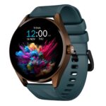 Titan Crest smartwatch in teal silicone strap showcasing bright AMOLED screen, ideal for fitness and active lifestyle users.