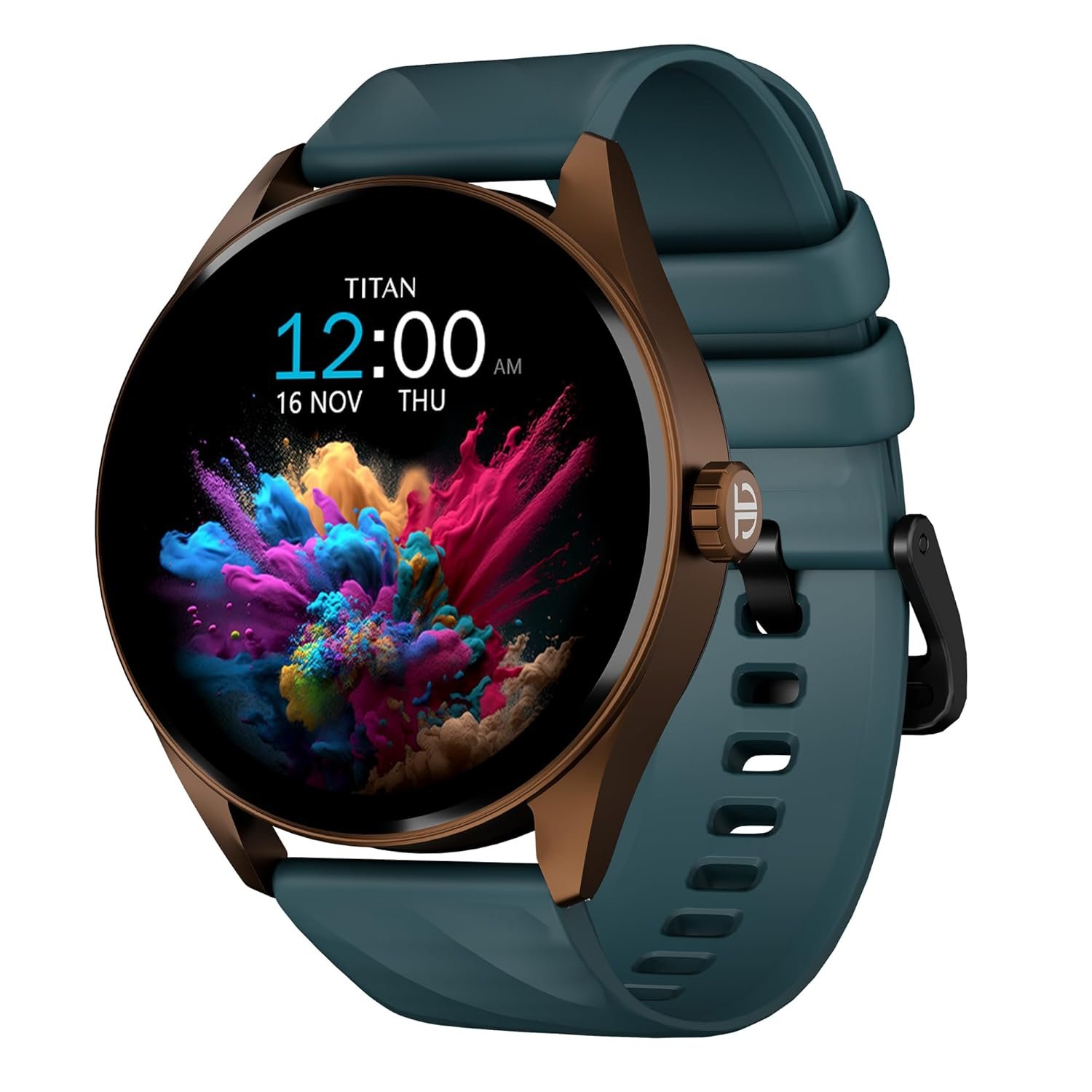 Titan Crest smartwatch in teal silicone strap showcasing bright AMOLED screen, ideal for fitness and active lifestyle users.