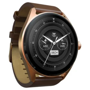 Titan Crest smartwatch with rose-gold mesh strap featuring 1.43-inch AMOLED display and rotating crown, ideal for premium office wear.